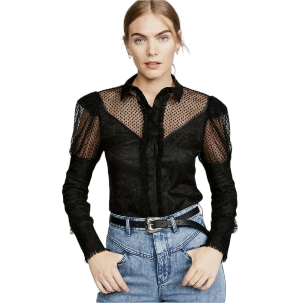 Alexis Black Lace Blouse Button Up‎ Women's  Small Long Sleeve